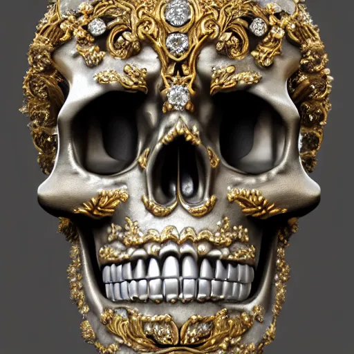 Prompt: a portrait of a beautiful ornate and intricate rococo skull with silver and gold details and diamonds inside a rococo frame, 4k, octane render, vray, unreal engine, photorealistic