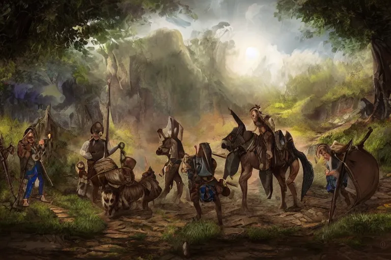 Image similar to a group of adventurers in the countryside getting ready for their first dungeon, digital art