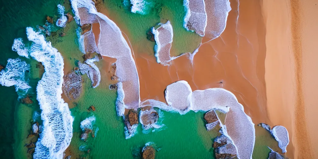 Image similar to aerial drone photograph of a beautiful beach in western Australia, high quality, award winning, red!! sand, golden hour, Canon EOS R3, f/1.4, ISO 200, 1/160s, 8K, RAW, unedited, symmetrical balance, in-frame