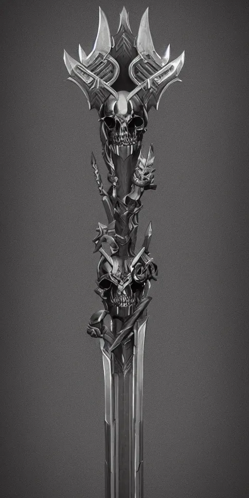 Image similar to a black and silver sword skull crest, ornament, weapon, a 3 d render by dom qwek, front side, concept art, trending on polycount, artstation, hard surface modeling, rendered in maya, zbrush, hd, vray, blizzard, symmetry