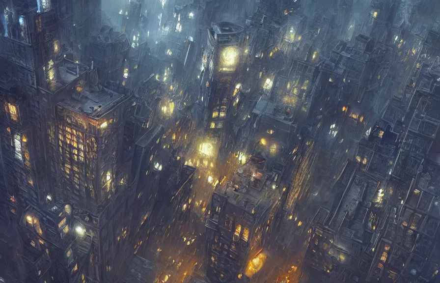 Image similar to aerial!!!! view looking down on a giant insect monster moving through!!! buildings in a dark, dim, detailed city, extremely detailed!!! oil painting, dull palette, dramatic lighting, trending on artstation