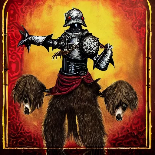 Image similar to three - ply portrait death dog dark souls in golden red armor made of polished dragon bones looks relaxed, quantum physics, victorian era