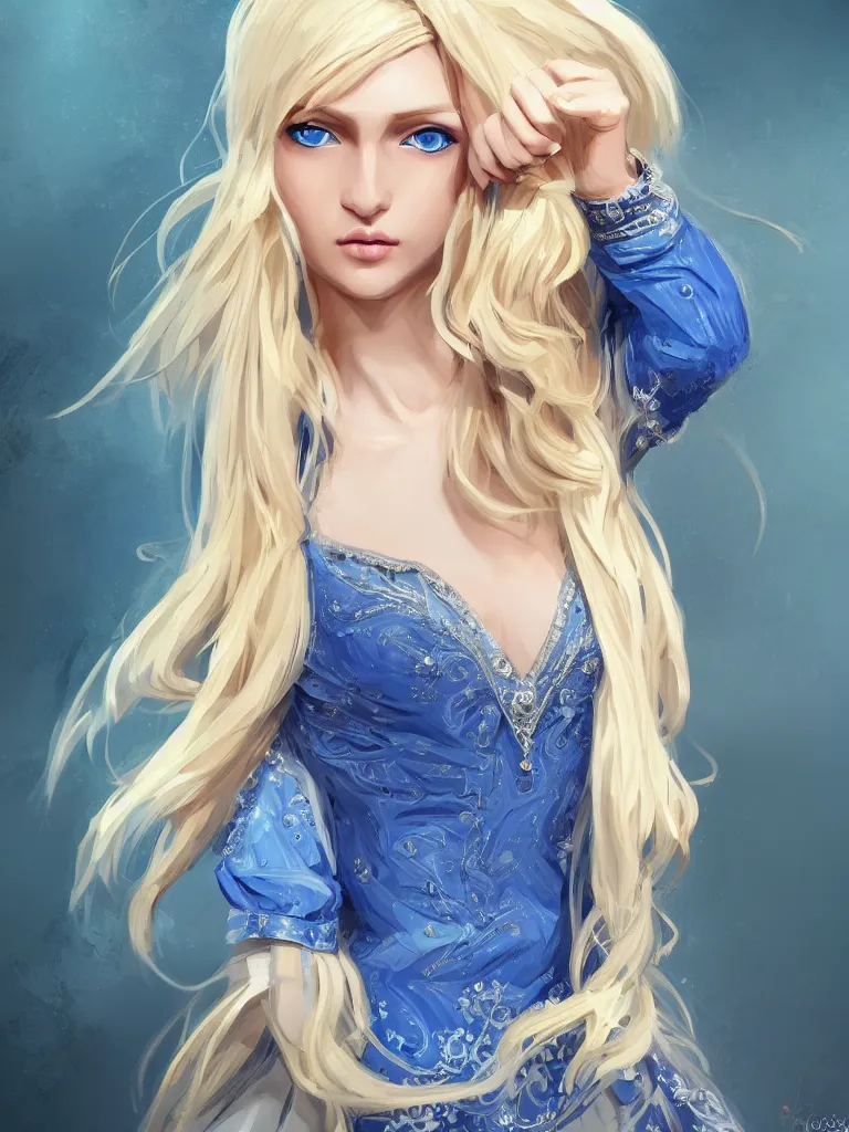 Image similar to A beautiful blonde Slavic woman in her early 30’s, highly detailed full body, beautiful blue eyes, detailed, wearing fancy clothes, highly detailed figure, epic composition, ultra wide-shot, dynamic pose, concept art, beautifully lit, digital painting, smooth, desaturated color theme, character design, sharp focus, elegant, intricate, post processing, artstation, by WLOP, James Jean, Victo Ngai, ryohei hase