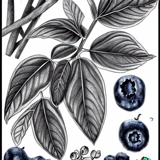 Image similar to botanical drawing of blueberry bush. Traditional art. Rustic. Nordic. Trending on artstation. Detailed. Bushy. Nature. Artistic.