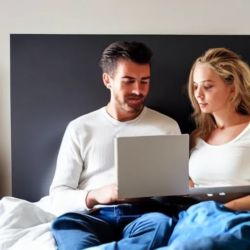 Image similar to man and woman in bed working on their laptops