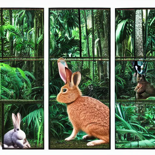 Image similar to rabbit run across jungle. film strip. 4 frames.