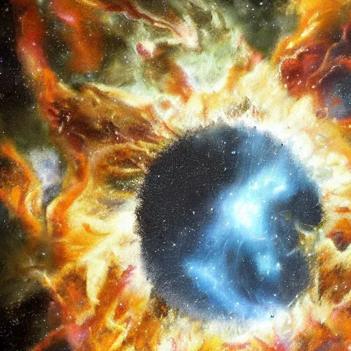 Prompt: detailed painting of a nebula explosion on an old computer on the sidewalk, celestial ephemeral ornaments and greek architecture, artstation, caravaggio, cinematic