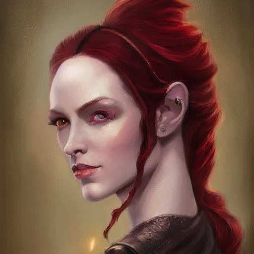 Prompt: a detailed matte head - on portrait painting of an middle - aged tiefling elegant and distinguished noblewoman with golden eyes and short long flowing red hair, by charlie bowater, lise deharme, wlop, tending on arstation, dungeons and dragon, dnd, pathfinder, fanart, oil on canvas