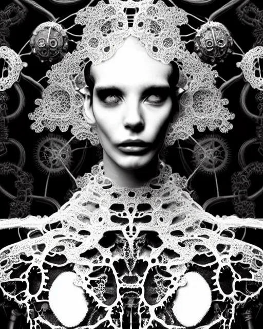 Image similar to surreal black and white photo portrait of complex bio-mechanical beautiful young female vegetal-cyborg with a Mandelbrot fractal steampunk metal fine lace face, a very long neck and a fine metal floral foliage super big lace collar by Alexander McQueen:: high fashion, haute couture, rococo, steampunk, silver filigree details, anatomical, facial muscles, cable wires, microchip, elegant, dreamy, foggy, hyper realistic, 150 mm lens, soft rim light, octane render, unreal engine, picture was taken in 1910 by Dora Maar, volumetric lighting, dramatic light,8k,