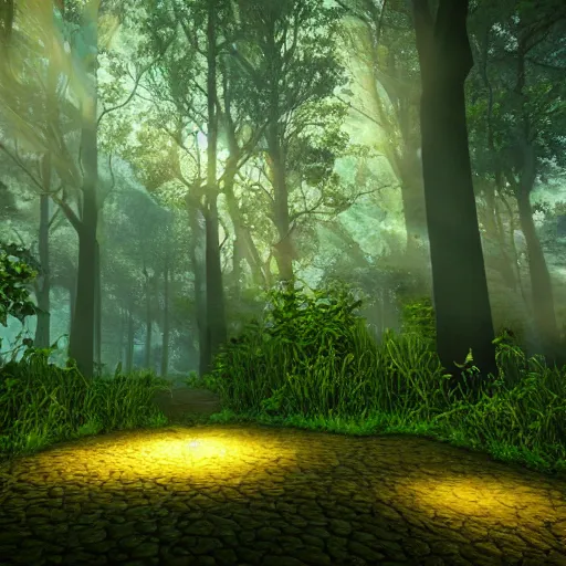 Prompt: unreal engine 5 mystical forest with teal ambient lighting and sunbeams, glowing blue flowers