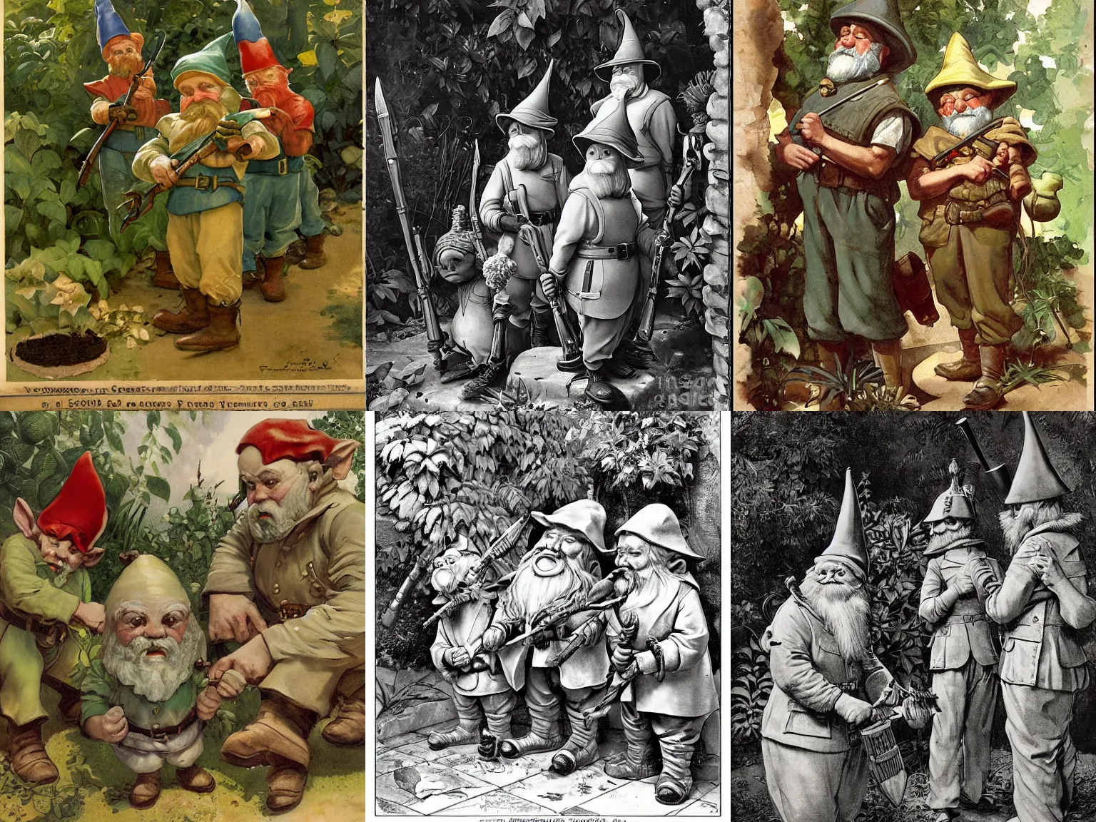 Prompt: Garden gnomes preparing for war, color, high quality, by Frank Leyendecker, by Jospeh Kernan, by Frederick Sands Brunner.