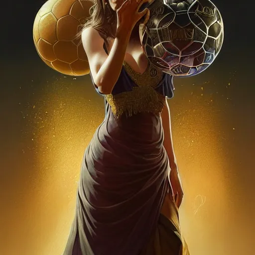 Image similar to Lionel Messi winning his 14th Ballon d'Or, D&D, intricate, elegant, highly detailed, digital painting, artstation, concept art, matte, sharp focus, illustration, art by Artgerm and Greg Rutkowski and Alphonse Mucha