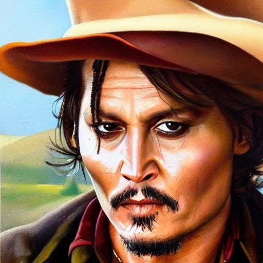 Prompt: ultra realistic portrait painting of johnny depp as farmer, art by frank frazetta, 4 k, ultra realistic, highly detailed, epic lighting