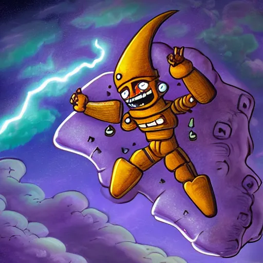 Prompt: A flying android smiling while holding a boulder, surrounded by clouds and purple lightning, dungeons and dragons, highly detailed, mexican folk art, amazing background, Martin Sandiego