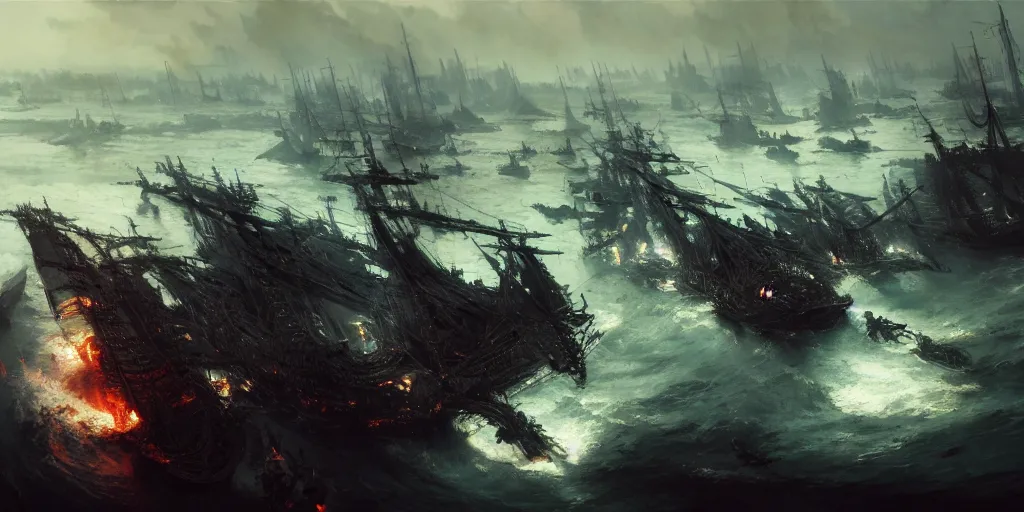 Image similar to A medieval ship flotilla on fire is getting destroyed by a giant kraken sea monster, tentacles, chaos, view from above. In style of Yoji Shinkawa and Hyung-tae Kim, trending on ArtStation, Greg Rutkowski, dark fantasy, great composition, concept art, highly detailed, scenery.