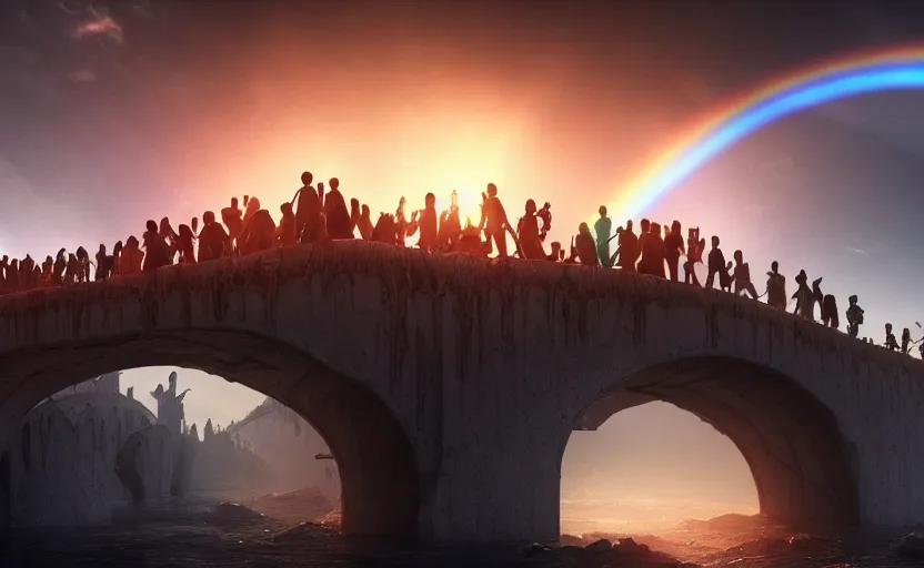 Prompt: incredible, mindblowing, refugees crossing a ruined bridge made of rainbow hardlight, floating city in the sky, matte painting, artstation, cgsociety, dramatic lighting, concept art, octane render, arnold 3 d render