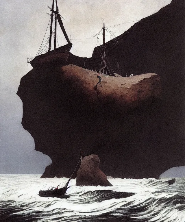 Prompt: photorealistic painting of a 1 9 2 5 seiner sailing near a short tropical cliff with the mouth of a sea cave at the waterline, dark, brooding, atmospheric, lovecraft, horror, smooth, epic, highly detailed, cinematic, by angus mcbride