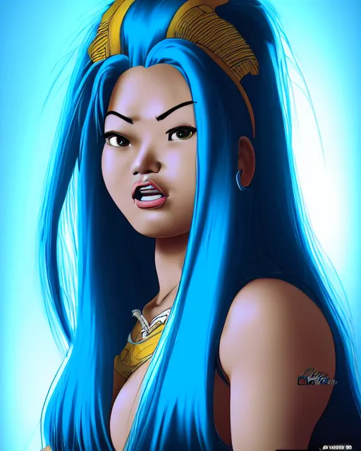 Image similar to welcoming heavy filipina woman character portrait, by don bluth, electric blue hair, wearing dark - blue, sci - fi environment, highly detailed, dynamic shadows, 4 k, wallpaper - 1 0 2 4