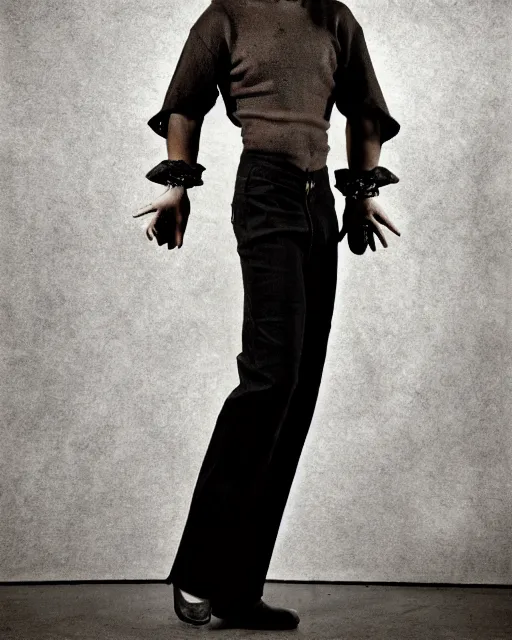 Image similar to an award - winning photo of an ancient male model wearing a plain boot cut flared distressed medieval designer menswear trousers designed by alexander mcqueen, 4 k, studio lighting, wide angle lens, 2 0 0 4