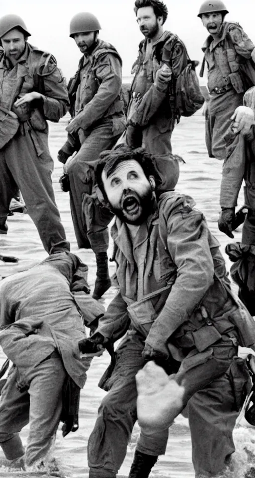 Image similar to charlie day, rob mcelhenney, glenn howerton, kaitlin olson, and danny devito are storming the beaches of normandy, 1 9 4 5, black and white, horrorscape