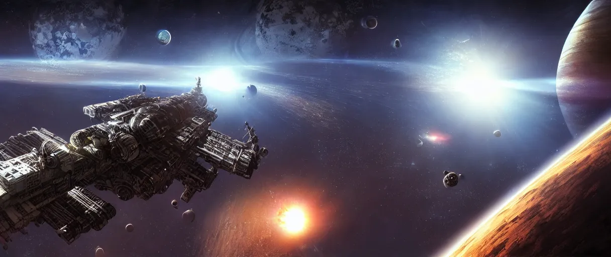 Image similar to a detailed space cruiser in orbit above a planet, detailed render, post - processing, extremely hyperdetailed, intricate, epic composition, cybernetics, 4 k realistic, cryengine, realistic shaded lighting, sharp focus, masterpiece, detailed eyes by matteo scalera, gary montalbano, peter elson in the style of the tokyo ghost comic