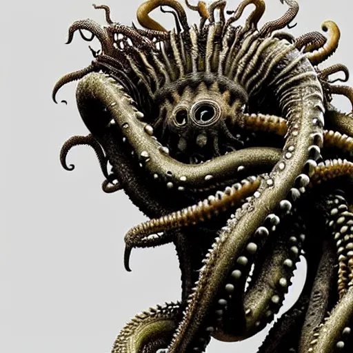 Image similar to photo taken of an epic intricate, ultra detailed, super realistic gritty, wet, slimy, lifelike sculpture of a nightmarish hellish alien creature with tentacle dreadlocks created by weta workshop for james cameron, zoomed in shots, photorealistic, sharp focus, white wall coloured workshop, cold blueish colour temperature, f 0. 4