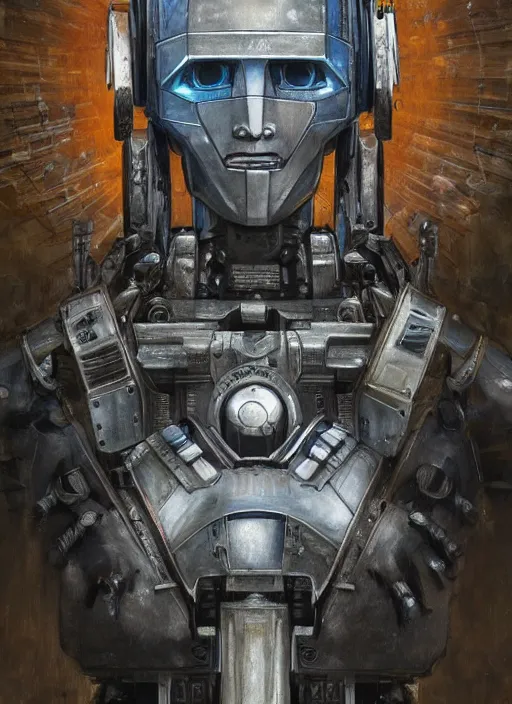 Image similar to chappie robot from thr Chappie movie as God, fantasy, intricate, elegant, highly detailed, digital painting, 4k, HDR, concept art, smooth, sharp focus, illustration, art by alphonse mucha,artgerm, H R Giger