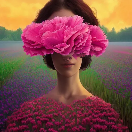 Image similar to giant carnation flower face, girl in a flower field, surreal photography, sunrise dramatic light, impressionist painting, colorful clouds, digital painting, artstation, simon stalenhag, flower face