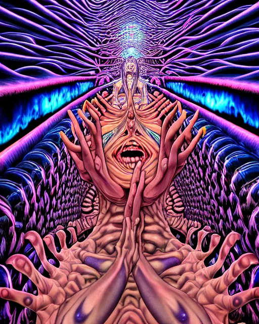 Prompt: ascension into the abyss, conjuring psychedelic background, part by shintaro kago, part by alex gray, ross tran, james jean, ultra realistic, highly detailed, 8 k, trending on artstation, symmetry