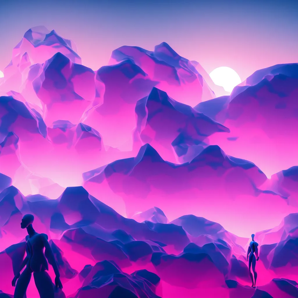 Prompt: manikin made of marble, fractal neon explosion revealing a portal to a vaporwave paracosm, mountains and city in background, rule of thirds, clean linework, dramatic, moody, introspective, cinematic, award winning, 4 k, trending on artstation, photorealistic, volumetric lighting, octane render