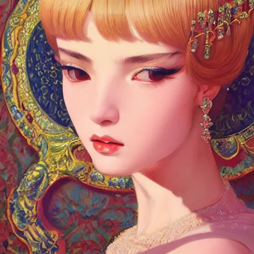 Prompt: beautiful classical ornamental emblem, fashionable ceremonial dancer, focus close on dreaming eyes, soft skin, seventies giallo film by ilya kuvshinov monet range murata artgerm katsuhiro otomo norman rockwell, highly detailed intricately sharp focus, bedroom eyes trending on pinterest vogue italia 3 5 mm, 4 k uhd image