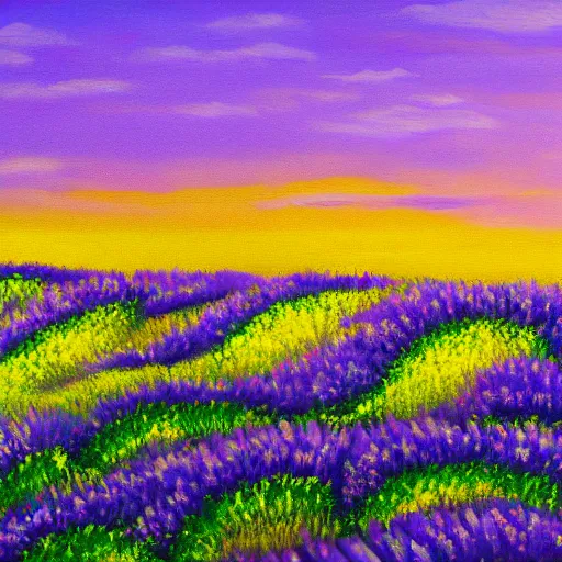 Image similar to painting of lavender field, highly detailed, golden hour