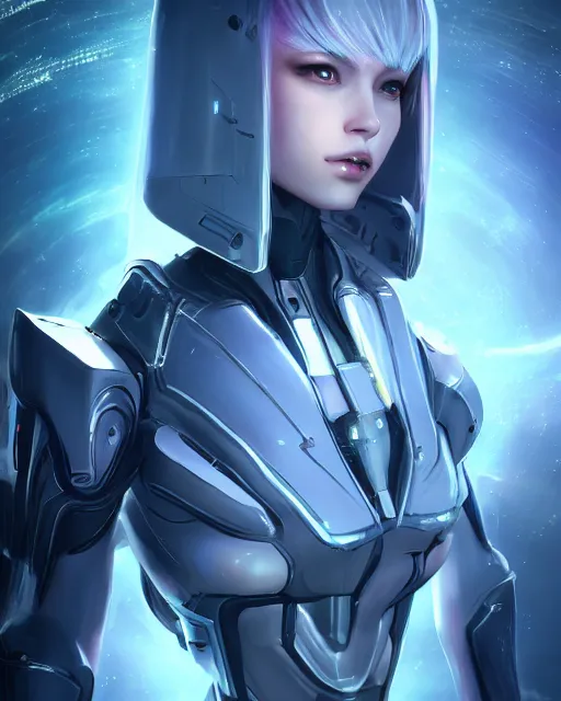 Image similar to perfect android girl on a mothership, warframe armor, beautiful face, scifi, futuristic, galaxy, nebula, raytracing, dreamy, long white hair, blue cyborg eyes, sharp focus, cinematic lighting, highly detailed, artstation, divine, by gauthier leblanc, kazuya takahashi, huifeng huang