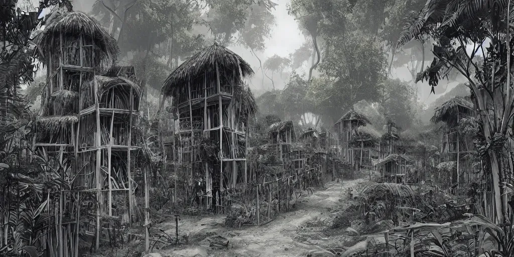 Image similar to long and tall organic houses, village, jungle, black and white, year 1 9 0 0, artstation, digital art