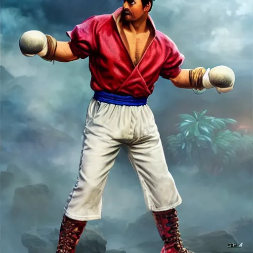 Image similar to freddy mercury as ryu street fighter, portrait, ultra realistic, concept art, intricate details, highly detailed, photorealistic, octane render, 8 k, unreal engine, art by frank frazetta, simon bisley, brom