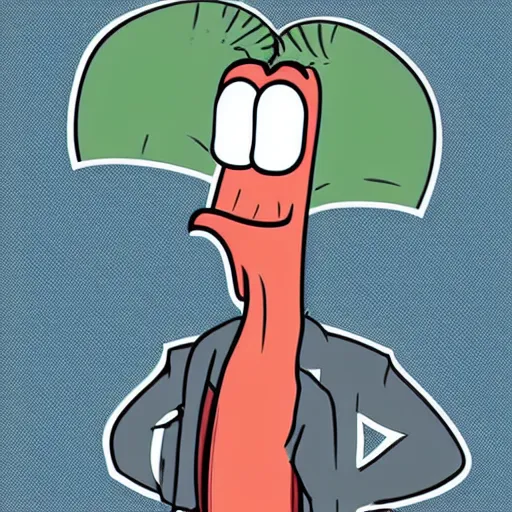 Prompt: handsome squidward as strong male, big smile, hero, strong chin, handsome, pop art portrait