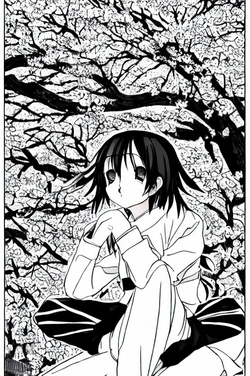 Image similar to black and white manga page, highly detailed pen, sharp high quality anime, shoujo romance, girl with long dark hair in sailor uniform, sitting on bench, cherry blossom tree in background with petals floating, drawn by Atsushi Ohkubo