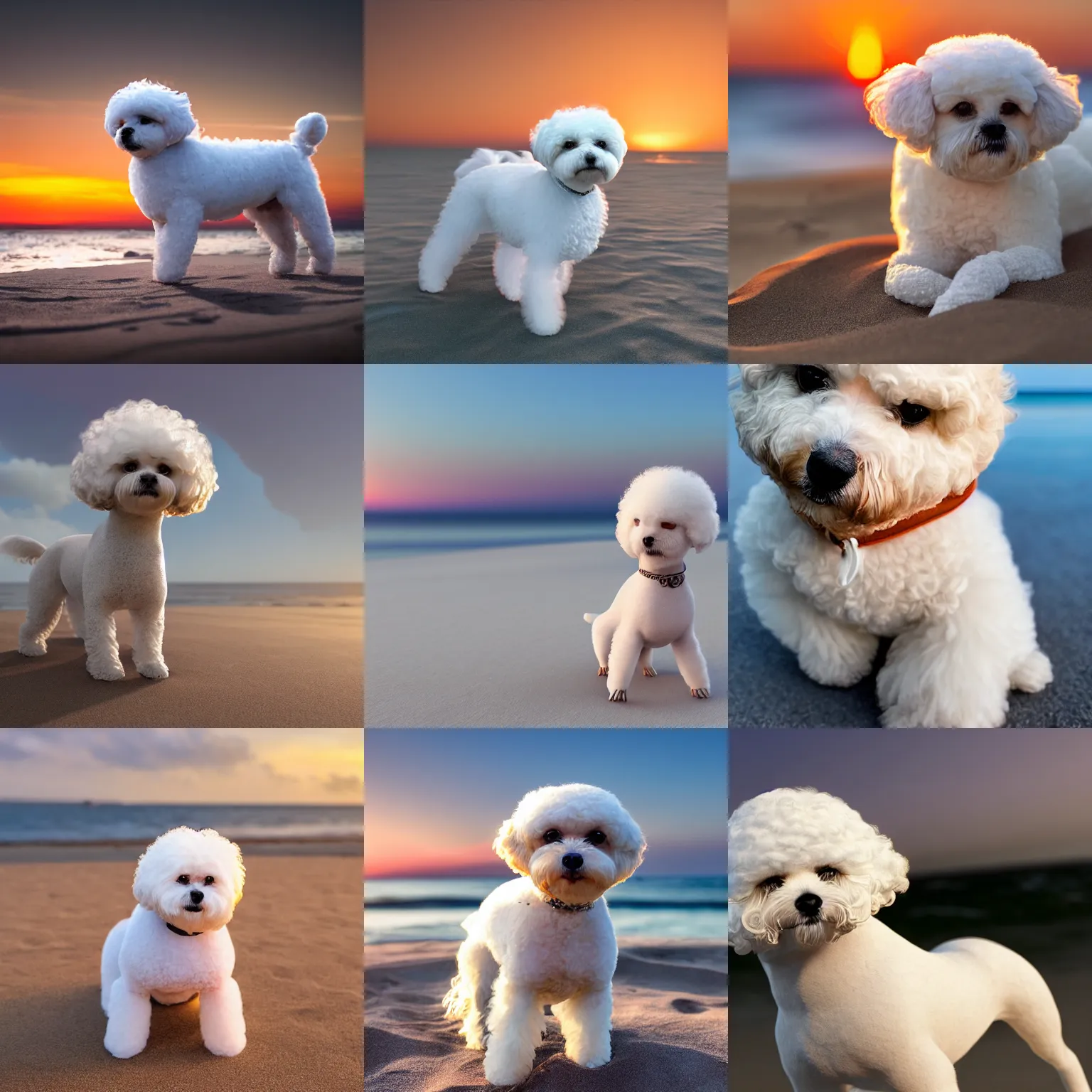 Prompt: a closeup photorealistic photograph of a Hermes style bichon frise at the beach during sunset This 4K HD image is Trending on Artstation, featured on Behance, well-rendered, extra crisp, features intricate detail and the style of Unreal Engine.