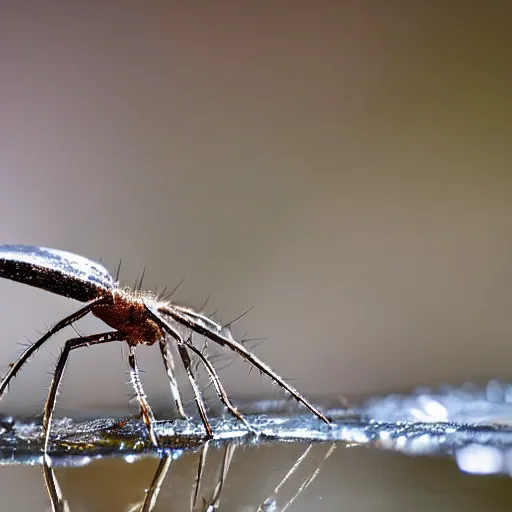 Image similar to close up photo of a cellar spider, drinking water from a lake in tasmania, bokeh, 4 0 0 mm lens, 4 k award winning nature photography