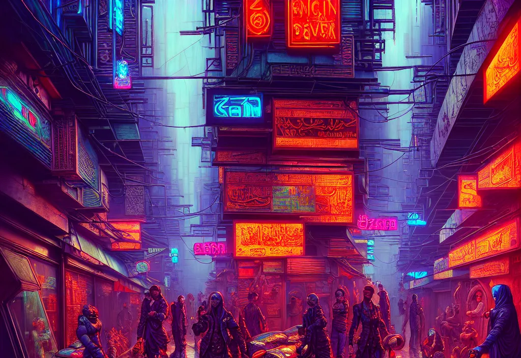 Image similar to a highly detailed bazaar street in the cyberpunk megacity of new washington, amazing cyberpunk digital painting, by gerald brom, brom digital art, intricate details, ultra realistic, beautiful art, volumetric lighting, by art germ, by brom, rule of thirds, trending cgsociety, artstation, warm colors advance cool colors recede, neon lights, crowded, 8 k