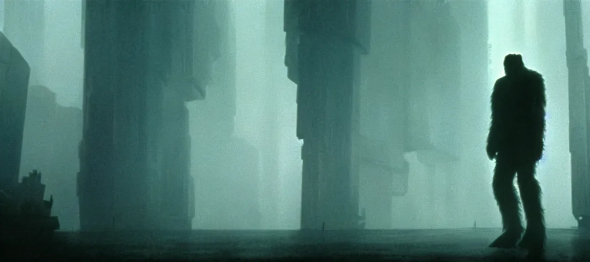 Prompt: an award winning photo of a lone bigfoot in a still from the movie blade runner ( 1 9 8 2 ), 4 k, high quality