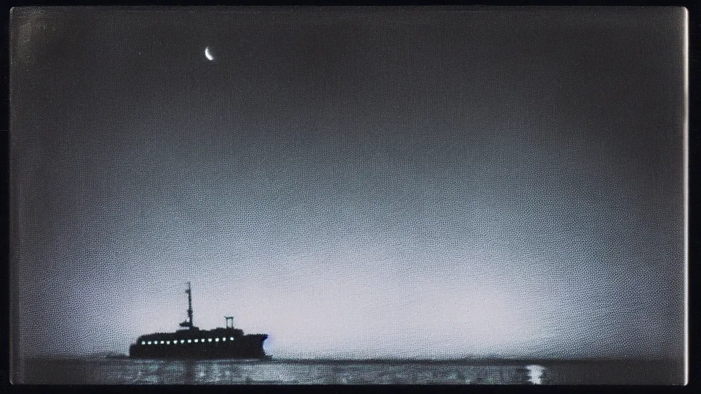 Prompt: haunted VHS glitch polaroid of a distant ferry sailing through deep blackness. strange perspective, depths, Ethereal lighting. Nighttime setting with the moon reflecting off the water