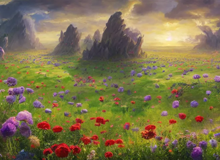 Image similar to what was once a bloody battlefield is now a flower field in the cosmic sky by vladimir volegov and alexander averin and peder mørk mønsted and adrian smith and raphael lacoste