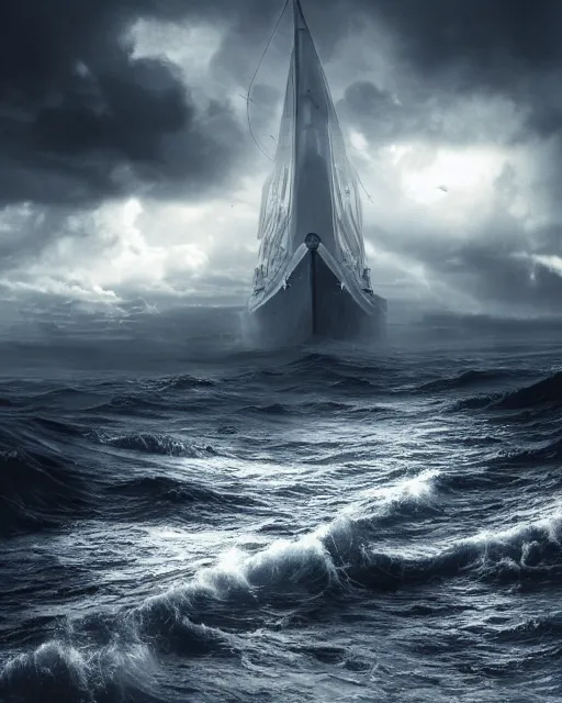 Image similar to establishing shot of a fishing boat on stormy seas, a gigantic star destroyer spaceship flying overhead, stormy weather, dramatic lighting, unreal engine, hyper realism, realistic shading, cinematic composition, realistic render, octane render, detailed textures, photorealistic, ultrawide shot, 16mm lens