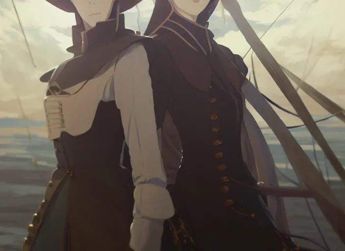 Image similar to portrait of lady maria, helm of second world war warship in background, illustration concept art anime key visual trending pixiv fanbox by wlop and greg rutkowski and makoto shinkai and studio ghibli and kyoto animation, symmetrical facial features, astral witch clothes, dieselpunk, realistic anatomy, gapmoe yandere grimdark, volumetric lighting, backlit