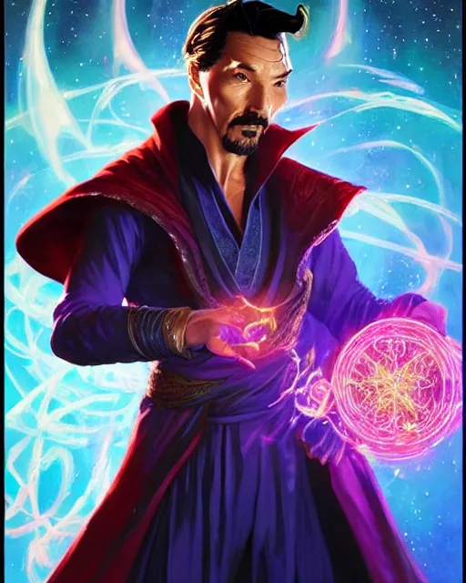 Image similar to a character portrait of handsome dr. strange with glow, surrounded with spiriling sparkling flash crystals and galaxies, by jesper ejsing, aleksi briclot, hyper light drifter, by ilya kuvshinov katsuhiro, jim burns, ed emshwiller, greg rutkowski, trending on artstation