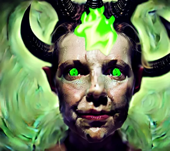 Image similar to portrait of a woman with horns made of flames and glowing green eyes, in the wisps of thick smoke, looking into the camera, studio photography, studio lighting, realistic render, octane render, 4 k, 8 k, face in focus