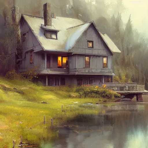 Image similar to a house by the lake, painted by raymond swanland, painted by greg rutkowski, painted by jeremy mann, painted by artgerm, painted by igor kieryluk, trending on artstation