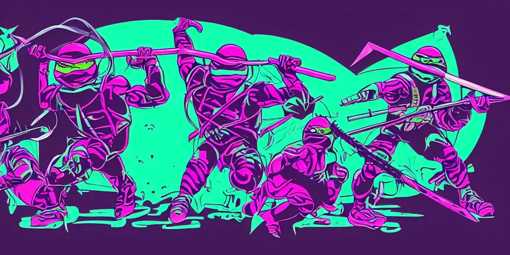 Image similar to vaporwave, vector graphics, ninja turtles, shredder, synthwave, neon