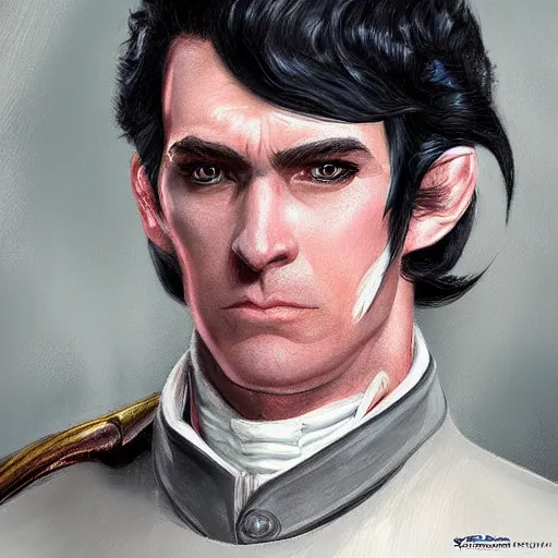 Image similar to a clean shaven confederate general with puffy black sideburns short black hair a side part and a square face, an english man, dnd character art, painting by artgerm and ed binkley, HDR color